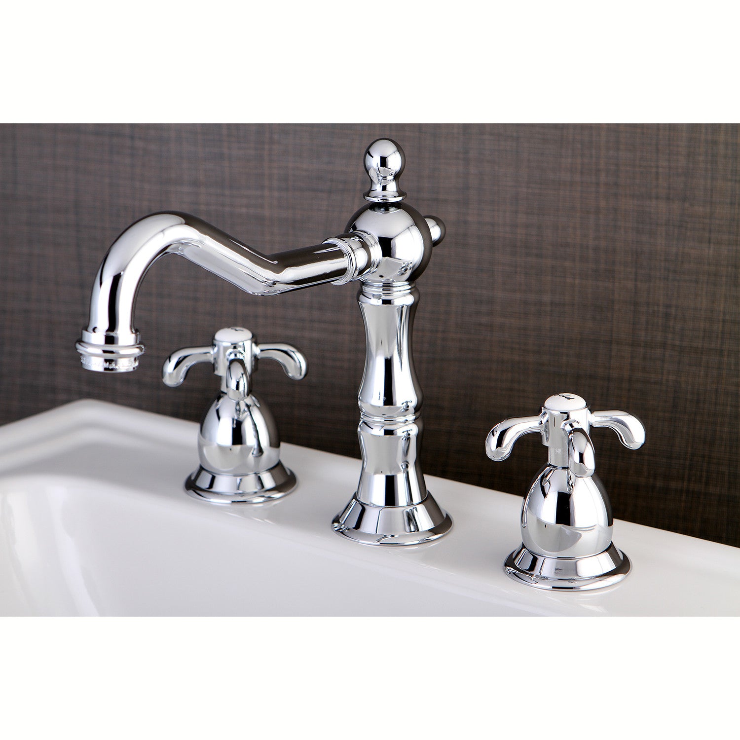 Kingston Heirloom KS1971TX - French Country Two-Handle 3-Hole Deck Mount Widespread Bathroom Faucet with Brass Pop-Up, Polished Chrome — thumbnail 2